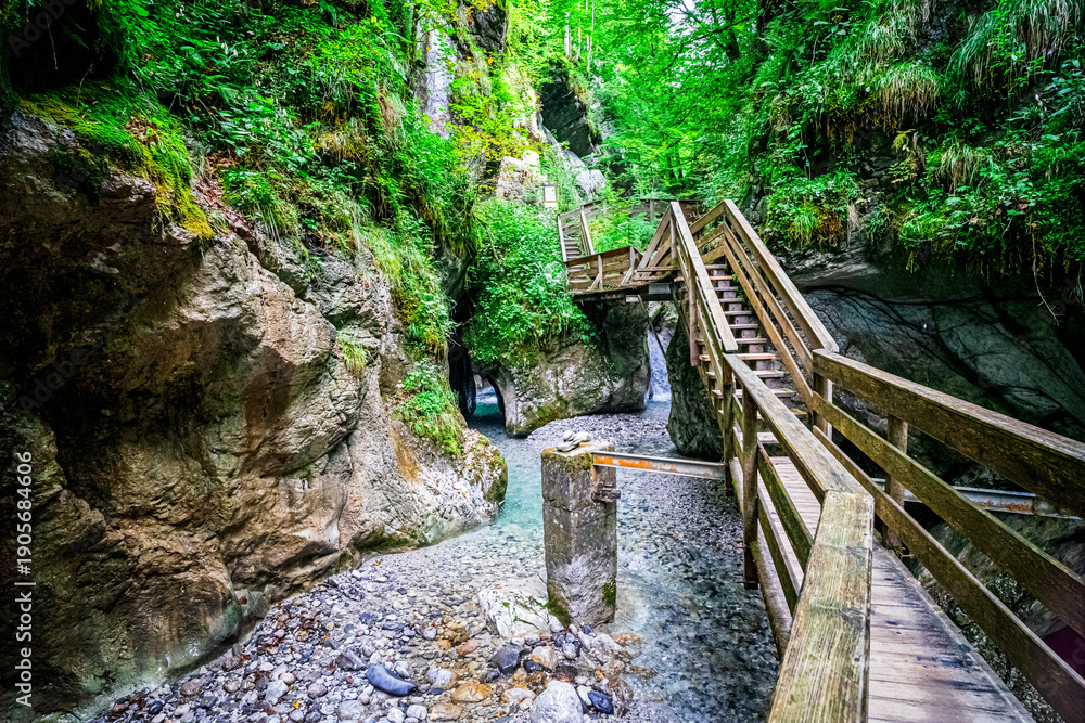 Fototapeta premium Hiking through the Seisenberg Gorge near Lofer in the Salzburg region of Austria 2025