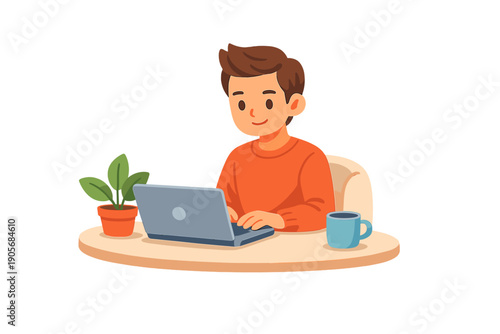 Man working on laptop at desk with plant and coffee cup during daytime