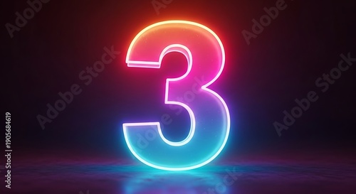 Glowing Neon Number Three on Dark Background.