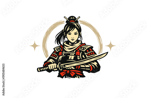 A stylized illustration of a female samurai warrior in traditional red and black armor holding a katana sword against a circular brushstroke background on a black backdrop.