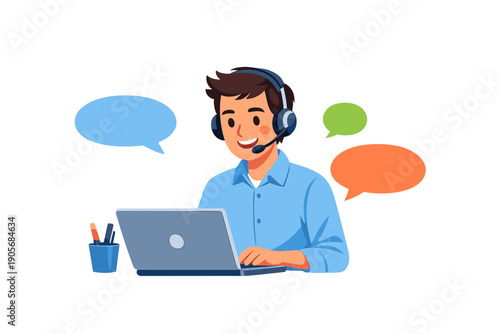 Person works on laptop while wearing headset and interacting with speech bubbles in a digital setting