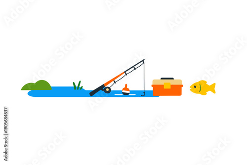 This minimalist flat illustration shows a fishing rod, a tackle box, and a yellow fish next to a small blue pond. The design uses simple geometric shapes on a dark background.