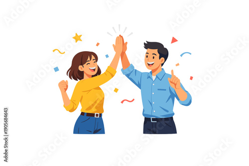 Two people celebrating together with smiles and high-fives during a cheerful moment at a party or event in a casual setting