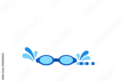 A flat illustration of blue swimming goggles with water splashes on the sides and a pool lane divider, set against a solid black background. Perfect for sports and fitness themes.