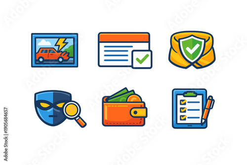 A collection of six colorful flat icons representing insurance, security, finance, and investigation services, featuring a car crash, a verified card, a shield, a mask, a wallet, and a checklist.