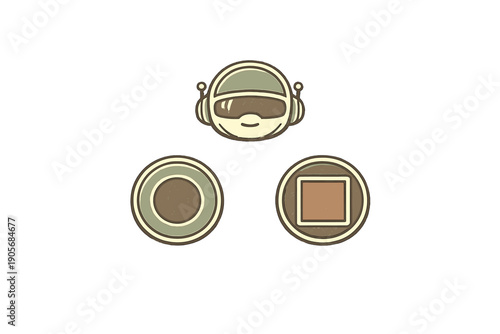 A retro-style illustration featuring a smiling robot head with a visor and headphones, positioned above two circular icons containing a circle and a square on a black background.