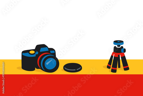 A minimalist vector illustration featuring a digital camera, a lens cap, and a small tripod resting on a yellow surface against a bold red and black background.