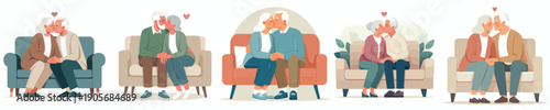vector of a old couple kissing affectionately on sofa