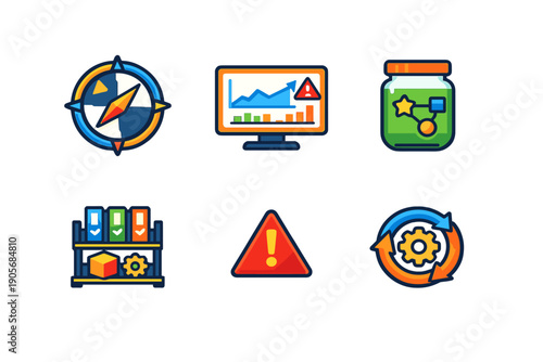 A collection of six colorful flat icons representing data analysis, navigation, storage, and system processes, featuring a compass, monitor, jar, shelf, warning sign, and gears.