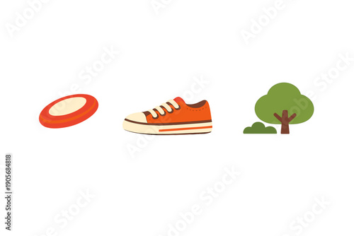This minimalist graphic displays three separate icons including an orange frisbee, a casual sneaker, and a green tree with a small bush, presented on a plain black backdrop.