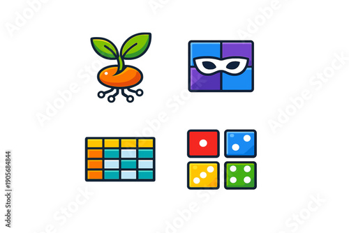 A collection of four colorful vector icons on a black background featuring a sprouting seed with digital roots, a masked face, a data grid, and a set of four numbered dice.