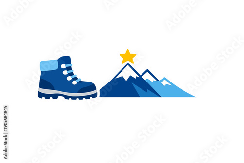 A stylized illustration featuring a blue hiking boot positioned next to a snow-capped mountain range with a bright yellow star shining above the highest peak on a black background.