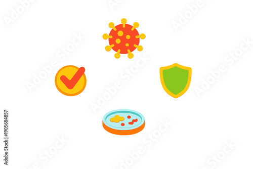A collection of four medical icons featuring a red virus cell, a green protective shield, a yellow checkmark, and a petri dish with bacterial cultures on a black background.
