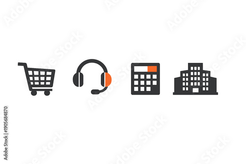 A row of four minimalist business icons including a shopping cart, a headset, a calculator, and an office building, set against a solid black background with orange accents.