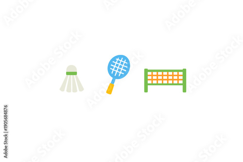 A flat illustration of badminton equipment including a white shuttlecock, a blue racket with a yellow handle, and a green net with an orange mesh on a black background.