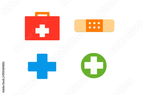 A collection of four medical icons including a red first aid kit, an adhesive bandage, a blue cross, and a green circular cross icon isolated on a solid black background.