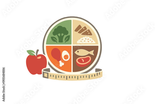 A flat vector illustration of a balanced meal plate divided into four food groups, featuring vegetables, grains, and proteins, accompanied by a red apple and a measuring tape.