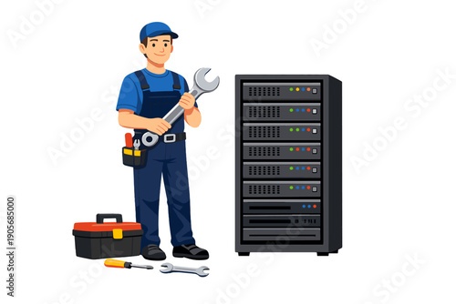Technician works on server equipment in a data center during business hours while holding a wrench and having tools nearby