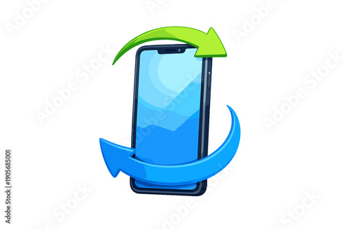 Smartphone with rotating arrows shows action of refreshing and updating on a screensaver style background