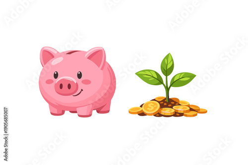 Piggy bank stands beside coins and a small plant showing the concept of saving money and investing for future growth in finance and personal wealth management plans