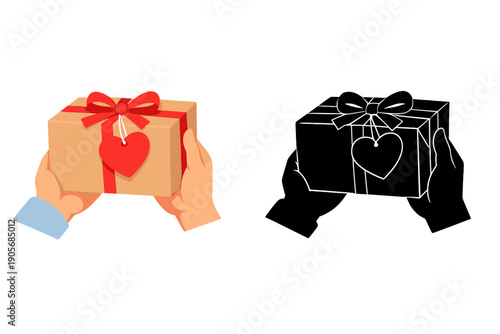 Gift box held by hands with a heart decoration on red ribbon, showing contrasting styles in a creative illustration at a simple setting