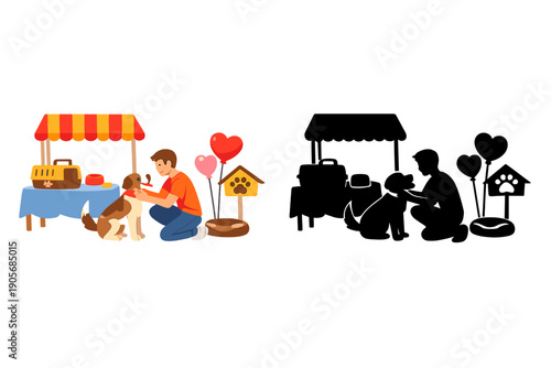 People interacting with dogs at a pet adoption event in a park on a sunny day with colorful decorations and activities for families