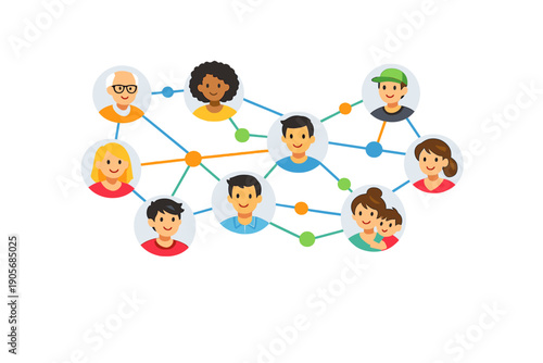 People connect through a network showing different relationships and interactions among friends and family in a digital format