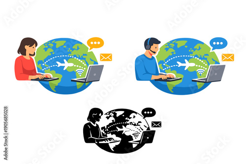 People using laptops to connect globally during a video call while exploring locations on a world map