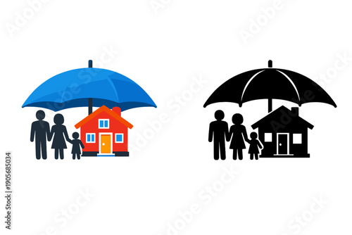 Visual representation of family and home under protection of an umbrella showing safety and security for loved ones and property at any time
