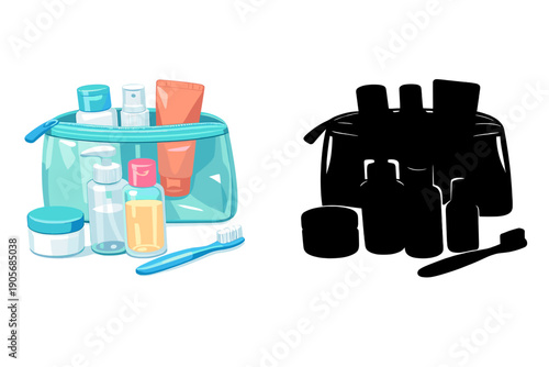 Clear and dark cosmetic bag with various bottles and a toothbrush sitting on a surface, showing the contrast between the contents and background