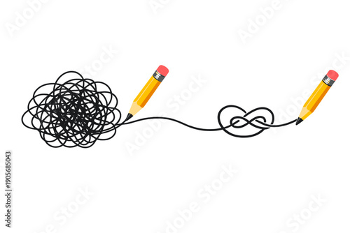 Creative drawing of pencils and tangled lines shows the process of creating connected ideas in a simple and clear way without distractions in a unique layout