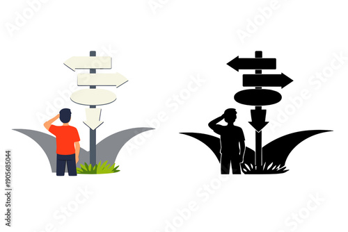 Signpost with directions and a person saluting, indicating confusion or decision making in an outdoor setting during daylight hours