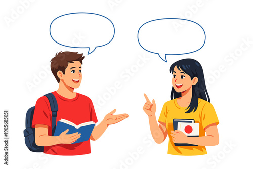 Two people are talking and sharing ideas in a classroom setting while holding books and a tablet