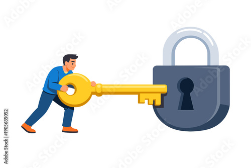 Man uses large key to unlock a padlock in a simple cartoon scene during daytime