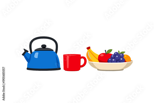 Foto Bright kettle and red cup next to a fruit bowl with bananas, apples, and grapes