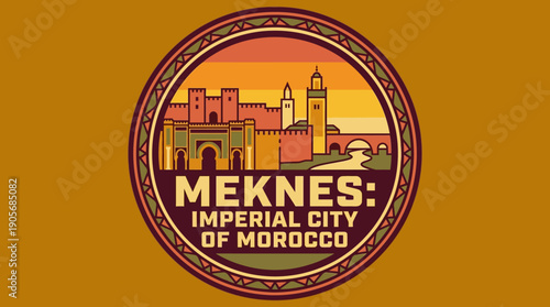 Meknes Imperial City of Morocco Travel Souvenir Design, Historic Landmark Cityscape with Moroccan Architecture, Emblem with Traditional Colors and Text