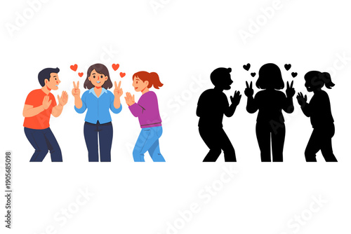 Friends talking together in a fun way while showing hand signs and hearts in a light-hearted social moment during daytime