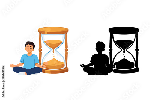 Balancing time and mindfulness through meditation with an hourglass showing the flow of sand in an illustration