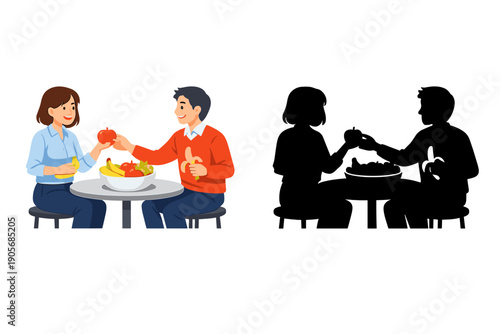 Couple sharing fruit at a table in a dining area during daytime