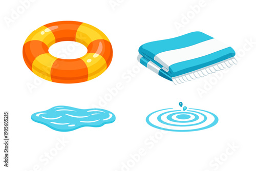 Bright colors of summer near the pool with a lifebuoy and towels and water splashes during mid-day activities