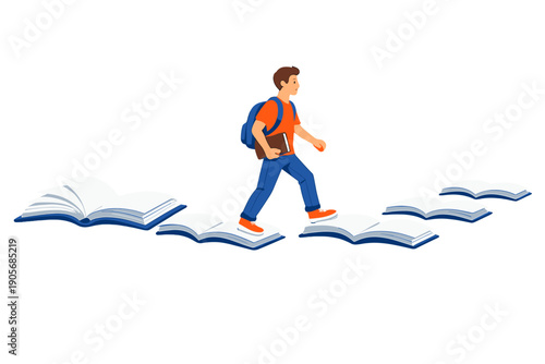 Student walks on open books in a learning journey at school during the daytime illustrating the importance of education and knowledge acquisition