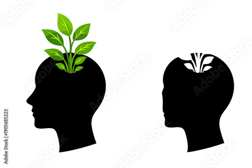 Plant growth in human mind shows connection between nature and mental health in simple illustration