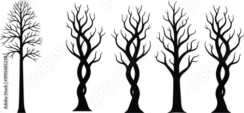 Bare twisted tree silhouettes collection with abstract leafless trunks artistic vector illustration set