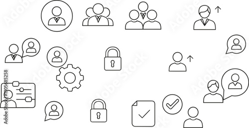 User Management Line Icon Vector Set with Profile, Team, Security, Approval, and Communication Symbols for HR Systems, Admin Dashboards, and Business UI Design