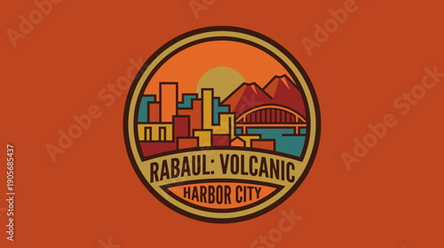 Rabaul Volcanic Harbor City illustration depicting a scenic view of the city skyline, mountains, and sunset over the water, with a retro, circular badge design
