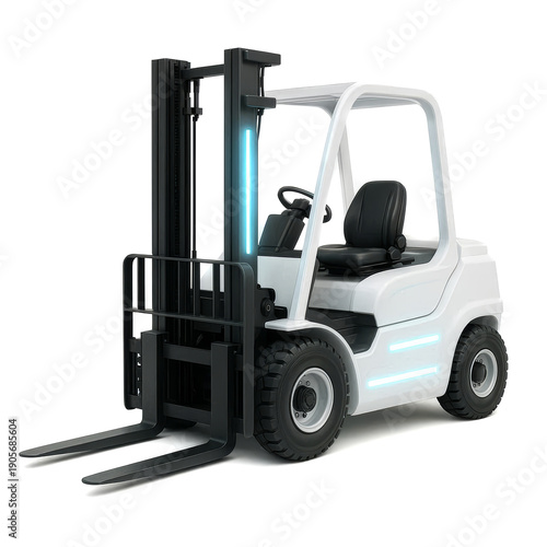 Electric forklift truck for warehouse logistics and material handling isolated on white background