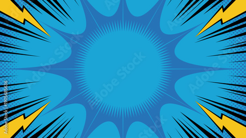 A vibrant comic book style explosion with radial yellow and blue bursts.