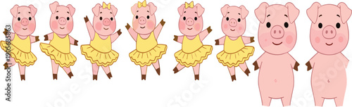 Cute cartoon pig ballerina characters collection with dancing piglets in yellow dresses kids vector illustration set