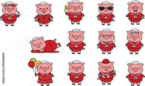 Cute cartoon pig sailor characters collection with funny red costumes kids vector illustration set