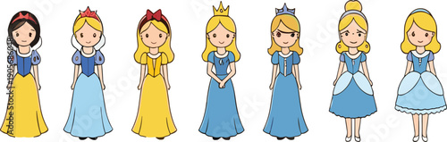 Cute cartoon princess characters set fairy tale girls vector illustration of adorable royal costumes collection